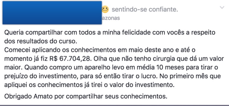 Aluno compartilha o faturamento obtido aplicando os conhecimentos do curso