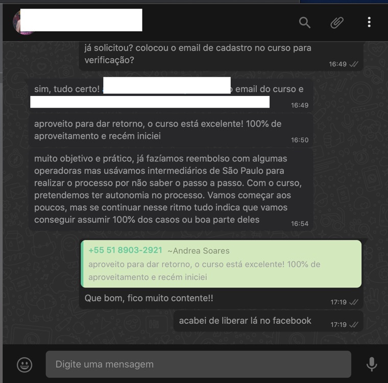 Aluno diz que o curso é excelente e que passou a ter autonomia no processo de reembolso