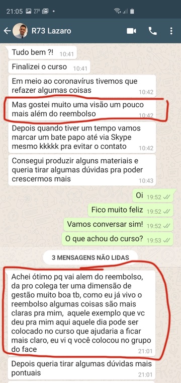 Aluno agradece e diz que o curso trouxe uma visão de gestão além do reembolso